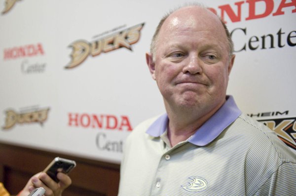 General manager Bob Murray delivers his exit interview for the Ducks' 2013 season at Honda Center Tuesday. ///ADDITIONAL INFO: ducks.0515 - 5/14/13 - PHOTO BY JOSHUA SUDOCK, THE ORANGE COUNTY REGISTER -- anaheim Ducks 2013 season exit interviews. Picture made at Honda Center in Anaheim Tuesday, May 14, 2013.