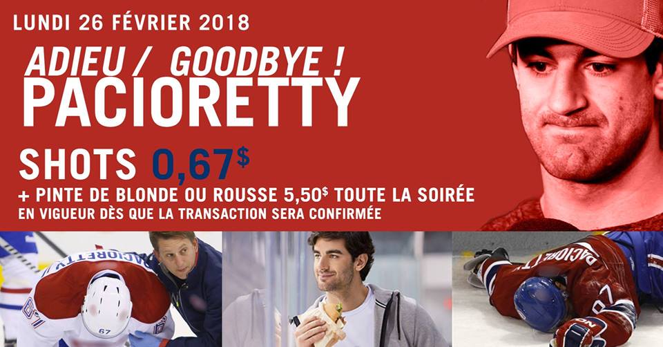 Une taverne anticipe le départ de Max Pacioretty et offre des shooters à 0,67 $