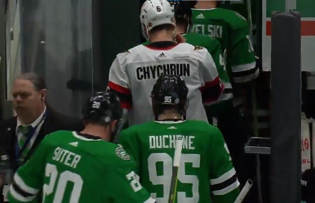 Jakob Chychrun returns to the locker room with the Dallas Stars